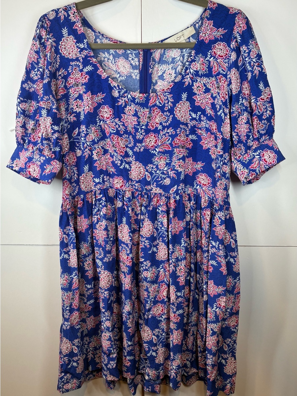 LOFT Blue Floral Fit & Flare Dress Women’s Size 6 Puff Sleeve Mini